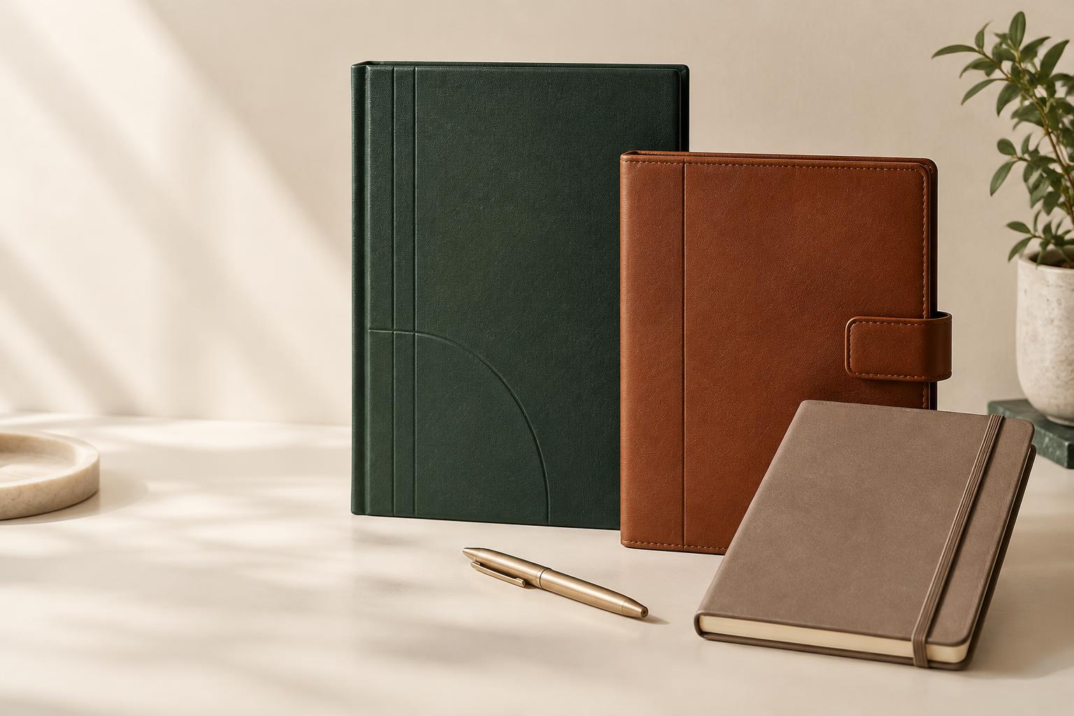 Premium diaries arranged with a pen in natural light